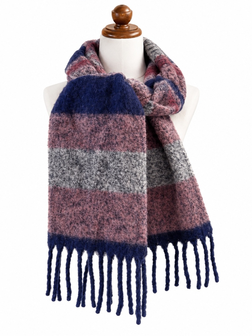 Timberland Cozy Multi-Striped Wool Blend Fringe Scarf - Mauve Gray & Blue